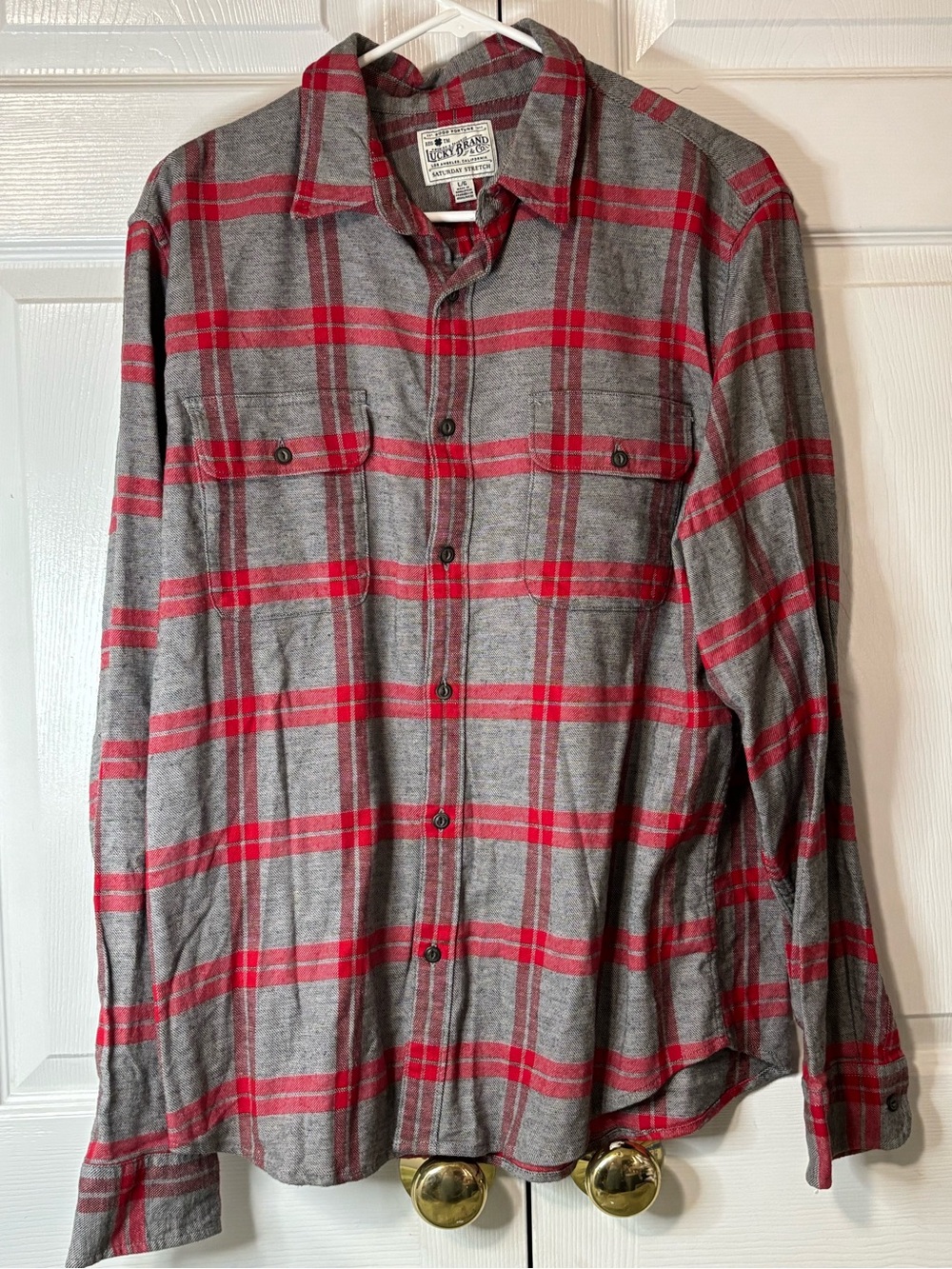 Lucky Brand Gray and Red Plaid Button-Down Shirt Sz L VGUC
